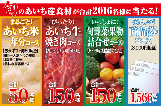 新米はあいち米　あいち米一年分コース　あいち牛焼き肉コース　旬野菜・果物詰め合わせコース　商品券コース