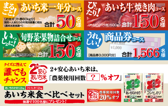 新米はあいち米　あいち米一年分コース　あいち牛焼肉コース　旬野菜・果物詰め合わせコース　商品券コース