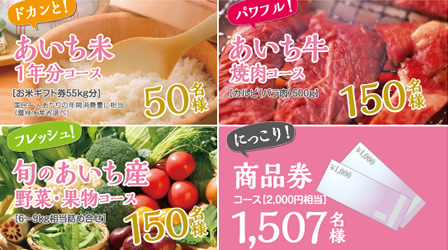 あいち米1年分コース、あいち牛焼肉コース、旬のあいち産野菜・果物コース、商品券コース