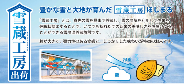 「雪蔵工房」とは、春先の雪を夏まで貯蔵し、雪の冷気を利用してお米を休眠状態にすることで、いつでも採れたての新米の美味しさをお届けすることができる雪冷温貯蔵施設です。
粒が大きく、弾力性のある食感と、しっかりした味わいが特徴のお米です。