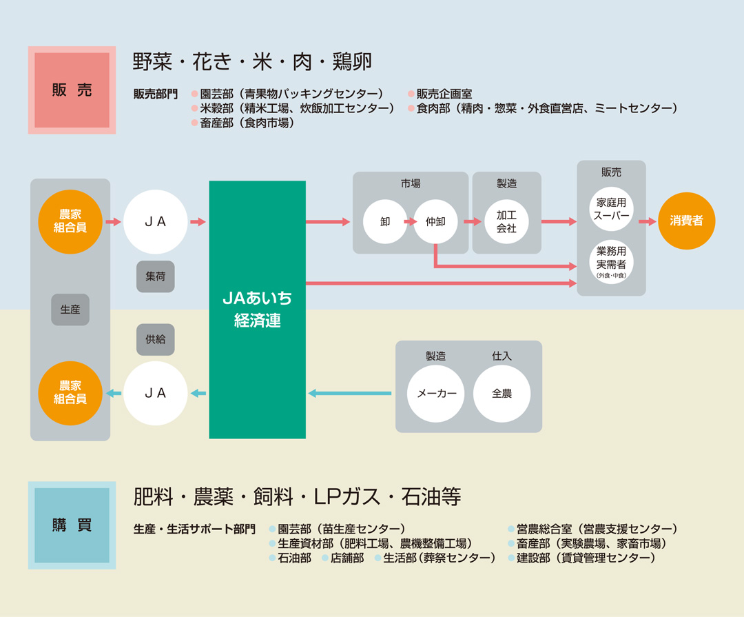 JAあいち経済連の事業領域図。生産・生活サポートから販売まで。